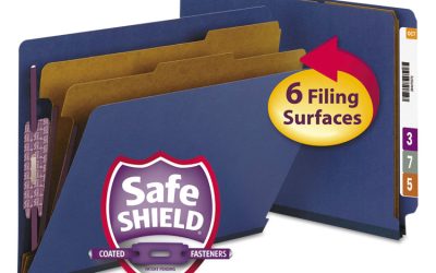 End Tab Pressboard Classification Folders, Six SafeSHIELD Fasteners, 2″ Expansion, 2 Dividers, Letter Size, Dark Blue, 10/Box
