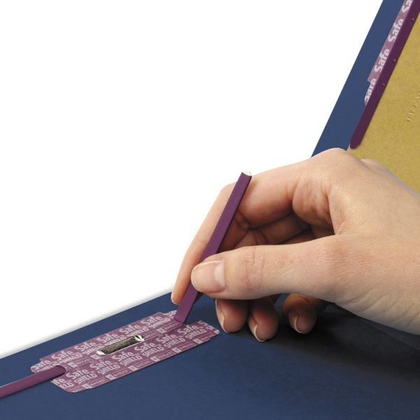 End Tab Pressboard Classification Folders, Six SafeSHIELD Fasteners, 2" Expansion, 2 Dividers, Letter Size, Dark Blue, 10/Box - Image 2