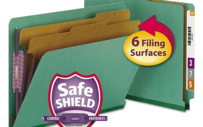 End Tab Pressboard Classification Folders, Six SafeSHIELD Fasteners, 2″ Expansion, 2 Dividers, Letter Size, Green, 10/Box