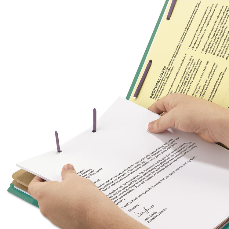 End Tab Pressboard Classification Folders, Six SafeSHIELD Fasteners, 2" Expansion, 2 Dividers, Letter Size, Green, 10/Box - Image 3