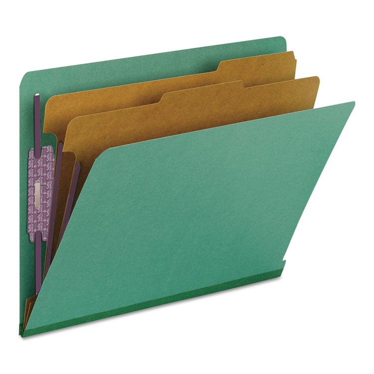 End Tab Pressboard Classification Folders, Six SafeSHIELD Fasteners, 2" Expansion, 2 Dividers, Letter Size, Green, 10/Box - Image 6