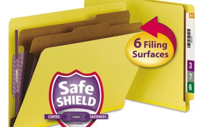 End Tab Pressboard Classification Folders, Six SafeSHIELD Fasteners, 2″ Expansion, 2 Dividers, Letter Size, Yellow, 10/Box