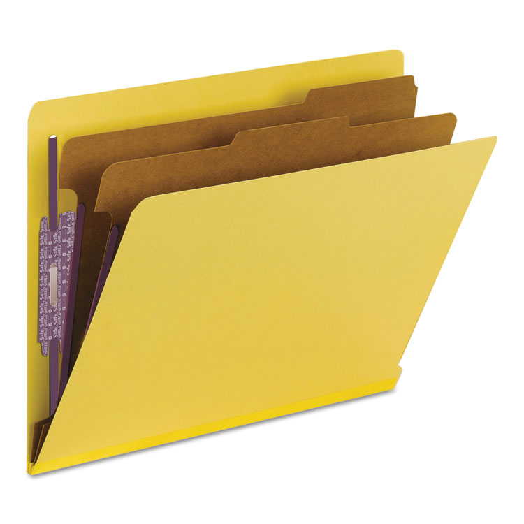 End Tab Pressboard Classification Folders, Six SafeSHIELD Fasteners, 2" Expansion, 2 Dividers, Letter Size, Yellow, 10/Box - Image 6