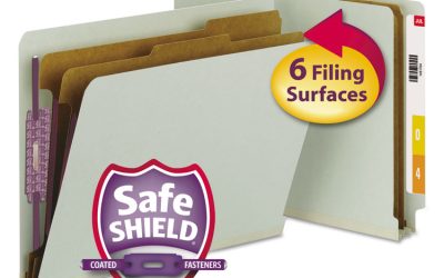 End Tab Pressboard Classification Folders, Six SafeSHIELD Fasteners, 2″ Expansion, 2 Dividers, Letter Size, Gray-Green, 10/BX
