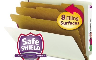 End Tab Pressboard Classification Folder, Eight SafeSHIELD Fasteners, 3″ Expansion, 3 Dividers, Letter Size, Gray-Green,10/BX