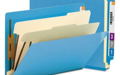 Colored End Tab Classification Folders with Dividers, 2″ Expansion, 2 Dividers, 6 Fasteners, Letter Size, Blue, 10/Box