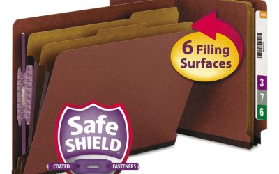 End Tab Pressboard Classification Folders, Six SafeSHIELD Fasteners, 2″ Expansion, 2 Dividers, Letter Size, Red, 10/Box