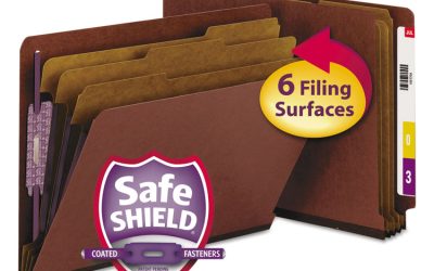 End Tab Pressboard Classification Folders, Eight SafeSHIELD Fasteners, 3″ Expansion, 3 Dividers, Letter Size, Red, 10/Box