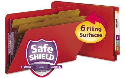 End Tab Pressboard Classification Folders, Six SafeSHIELD Fasteners, 2″ Expansion, 2 Dividers, Legal Size, Bright Red, 10/Box