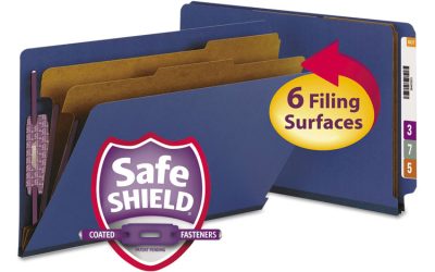End Tab Pressboard Classification Folders, Six SafeSHIELD Fasteners, 2″ Expansion, 2 Dividers, Legal Size, Dark Blue, 10/Box