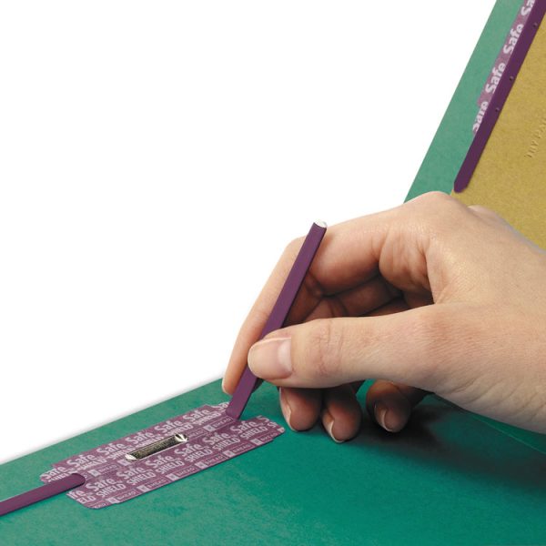 End Tab Pressboard Classification Folders, Six SafeSHIELD Fasteners, 2" Expansion, 2 Dividers, Legal Size, Green, 10/Box - Image 2