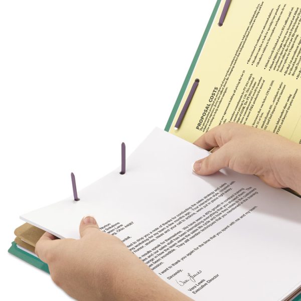 End Tab Pressboard Classification Folders, Six SafeSHIELD Fasteners, 2" Expansion, 2 Dividers, Legal Size, Green, 10/Box - Image 3