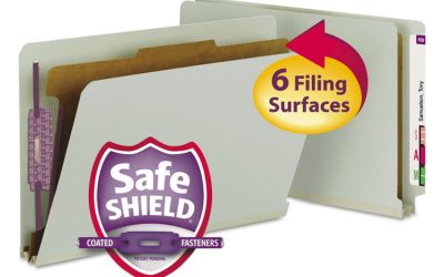 End Tab Pressboard Classification Folders, Four SafeSHIELD Fasteners, 2″ Expansion, 1 Divider, Legal Size, Gray-Green, 10/Box