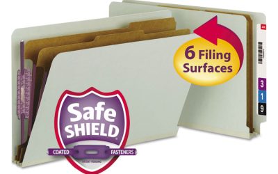 End Tab Pressboard Classification Folders, Six SafeSHIELD Fasteners, 2″ Expansion, 2 Dividers, Legal Size, Gray-Green, 10/Box