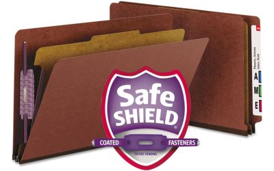 End Tab Pressboard Classification Folders, Four SafeSHIELD Fasteners, 2″ Expansion, 1 Divider, Legal Size, Red, 10/Box