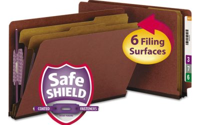 End Tab Pressboard Classification Folders, Six SafeSHIELD Fasteners, 2″ Expansion, 2 Dividers, Legal Size, Red, 10/Box