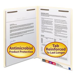 Reinforced End Tab Fastener Folders, Antimicrobial Protection, 0.75" Expansion, 2 Fasteners, Letter Size, Manila, 50/Box