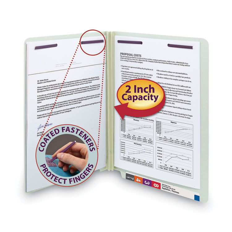 End Tab Pressboard Classification Folders, Two SafeSHIELD Coated Fasteners, 2" Expansion, Letter Size, Gray-Green, 25/Box - Image 3