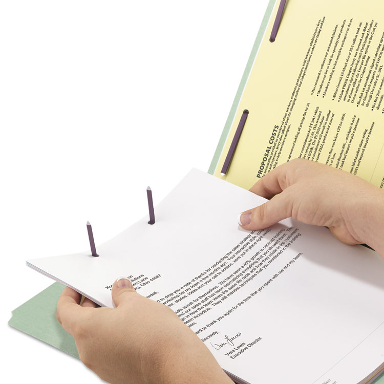 End Tab Pressboard Classification Folders, Two SafeSHIELD Coated Fasteners, 2" Expansion, Legal Size, Gray-Green, 25/Box - Image 2