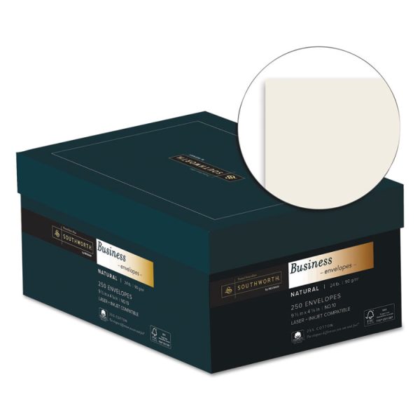 25% Cotton #10 Business Envelope, Commercial Flap, Gummed Closure, 4.13 x 9.5, Natural, 250/Box - Image 2