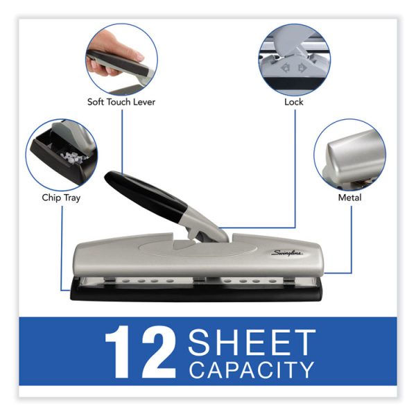 12-Sheet Lighttouch Desktop Two- To Three-Hole Punch, 9/32" Holes, Black/silver - Image 4