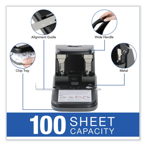 100-Sheet High Capacity Two-Hole Punch, Fixed Centers, 9/32" Holes, Black/gray - Image 4