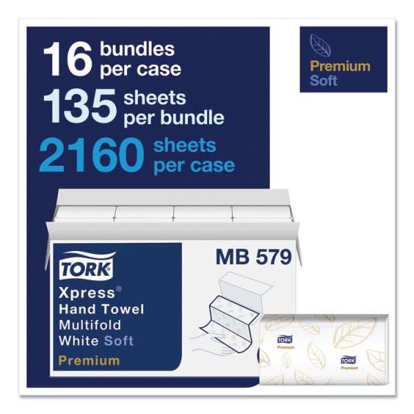 Premium Soft Xpress 3-Panel Multifold Hand Towels, 2-Ply, 9.13 x 9.5, White with Blue Leaf, 135/Packs, 16 Packs/Carton - Image 2