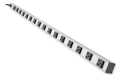 Vertical Power Strip, 16 Outlets, 15 ft Cord, Silver