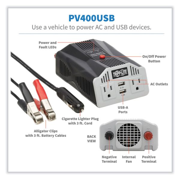 PowerVerter Ultra-Compact Car Inverter, 400 W, Two AC Outlets/Two USB Ports, 3.1 A - Image 3