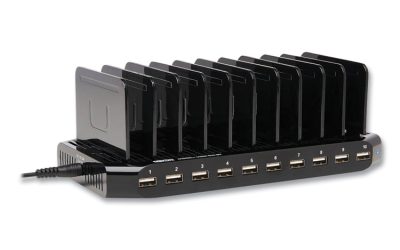 Desktop Charging Station with Adjustable Storage, 10 Devices, 9.4 x 4.7 x 1, Black