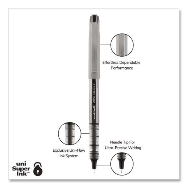VISION Needle Roller Ball Pen, Stick, Fine 0.7 mm, Black Ink, Gray/Clear/Black Barrel, Dozen - Image 10