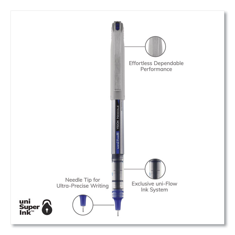 VISION Needle Roller Ball Pen, Stick, Fine 0.7 mm, Blue Ink, Gray/Clear/Blue Barrel, Dozen - Image 5