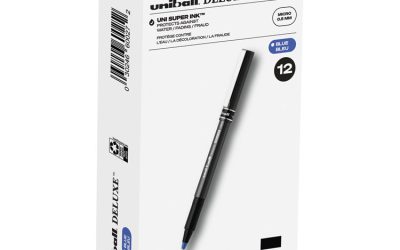 Deluxe Roller Ball Pen, Stick, Extra-Fine 0.5 mm, Blue Ink, Metallic Gray/Black/Blue Barrel, Dozen