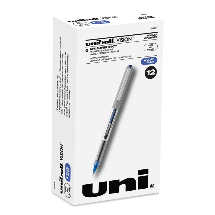 VISION Roller Ball Pen, Stick, Fine 0.7 mm, Blue Ink, Silver/Blue/Clear Barrel, Dozen