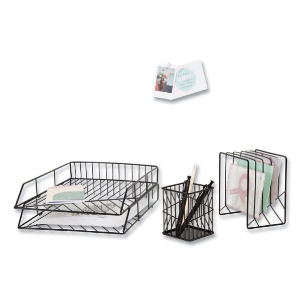 Vena Desktop Organization Kit, 8 Compartments, Letter Sorter, Paper Tray, Pencil Cup, Black, Metal - Image 4