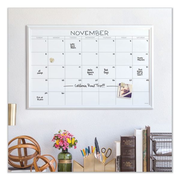 Magnetic Dry Erase Calendar with Decor Frame, One Month, 30 x 20, White Surface, White Wood Frame - Image 2