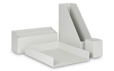 Four-Piece Desk Organization Kit, Magazine Holder/Paper Tray/Pencil Cup/Storage Bin, Chipboard, Gray