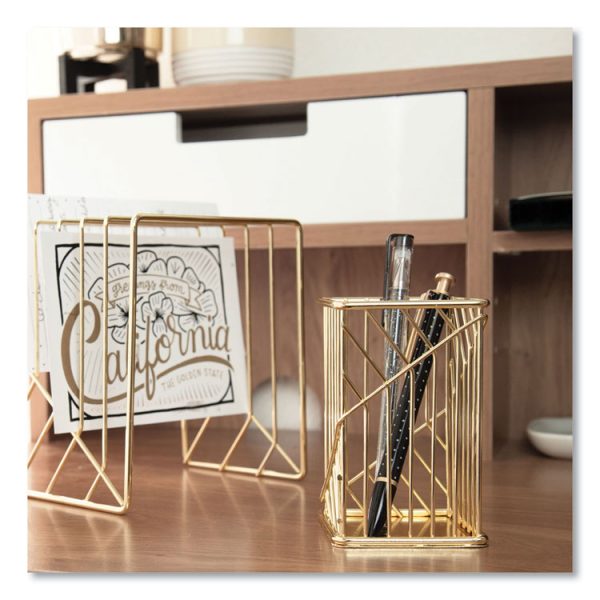Vena Desktop Organization Kit, 8 Compartments, Letter Sorter, Paper Tray, Pencil Cup, Gold, Metal - Image 3