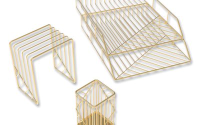 Vena Desktop Organization Kit, 8 Compartments, Letter Sorter, Paper Tray, Pencil Cup, Gold, Metal