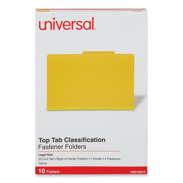 Bright Colored Pressboard Classification Folders, 2" Expansion, 1 Divider, 4 Fasteners, Legal Size, Yellow Exterior, 10/Box - Image 2