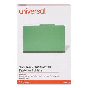 Bright Colored Pressboard Classification Folders, 2" Expansion, 2 Dividers, 6 Fasteners, Legal Size, Emerald Green, 10/Box