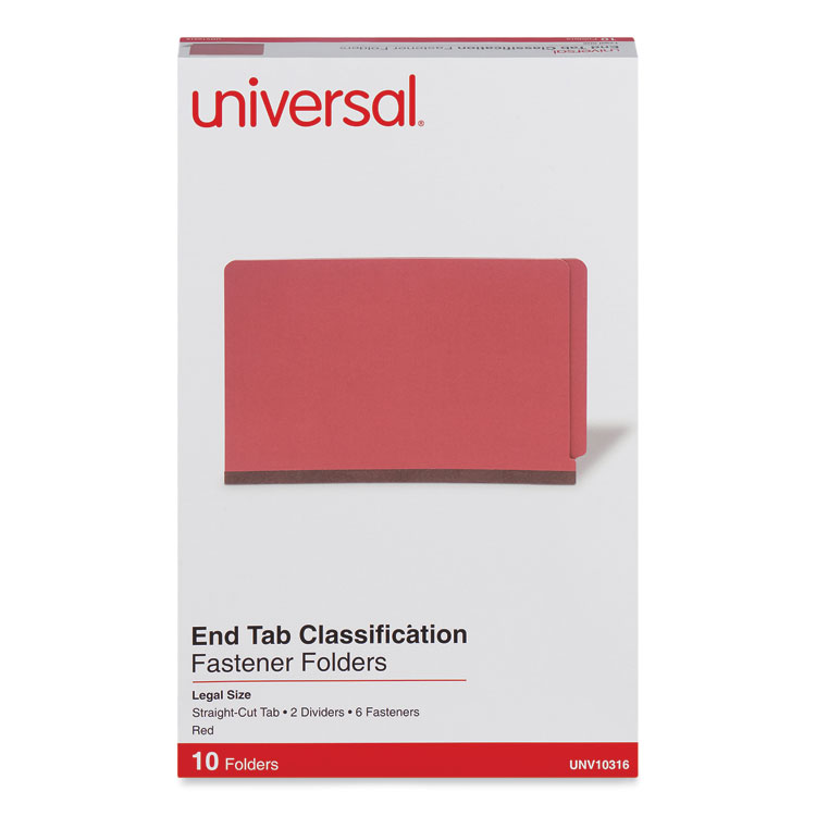 Red Pressboard End Tab Classification Folders, 2" Expansion, 2 Dividers, 6 Fasteners, Legal Size, Red Exterior, 10/Box - Image 2