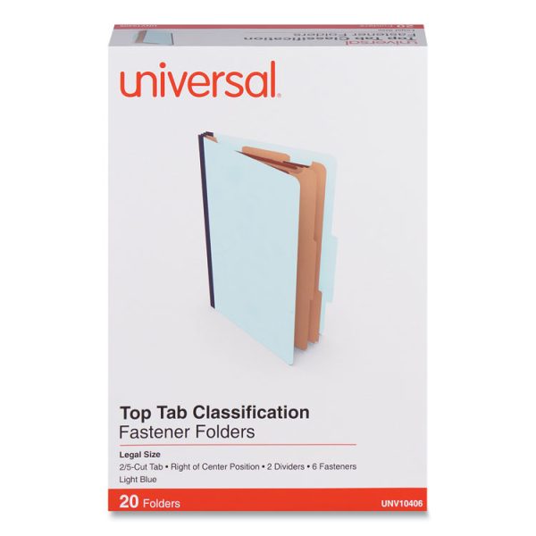 Six-Section Classification Folders, Heavy-Duty Pressboard Cover, 2 Dividers, 6 Fasteners, Legal Size, Light Blue, 20/Box - Image 2