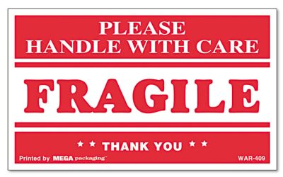 Printed Message Self-Adhesive Shipping Labels, Fragile Handle With Care, 3 X 5, Red/clear, 500/roll