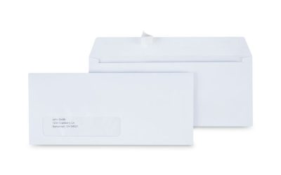 Peel Seal Strip Business Envelope, Address Window, #10, Square Flap, Self-Adhesive Closure, 4.13 x 9.5, White, 500/Box