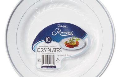 Masterpiece Plastic Dinnerware, 10.25″ Dia, White/silver, 10/pack