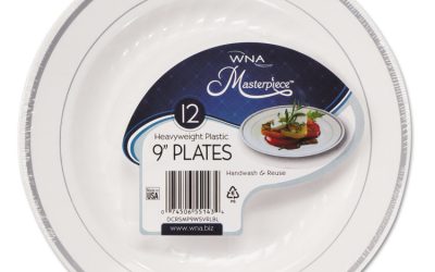 Masterpiece Plastic Dinnerware, 9″ Dia, White/silver, 10/pack