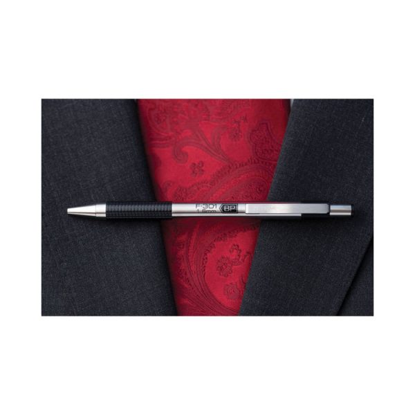 F-301 Ballpoint Pen, Retractable, Bold 1.6 mm, Black Ink, Stainless Steel/Black Barrel, 12/Pack - Image 4