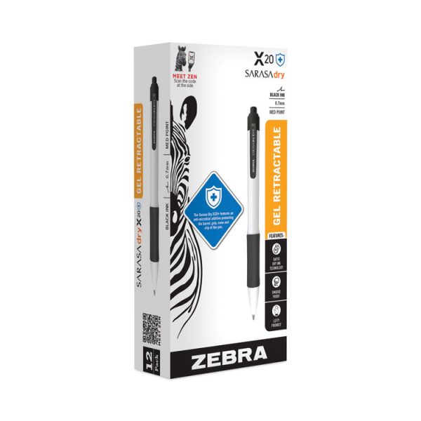 Sarasa Dry X20+ Gel Pen, Retractable, Fine 0.7 mm, Black Ink, White/Black Barrel, Dozen - Image 2