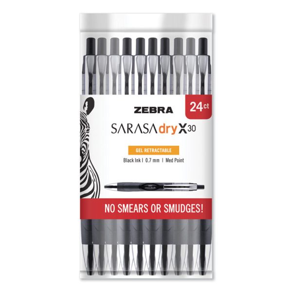 Sarasa Dry Gel X30 Gel Pen, Retractable, Medium 0.7 mm, Black Ink, Black/Silver Barrel, 24/Pack - Image 2